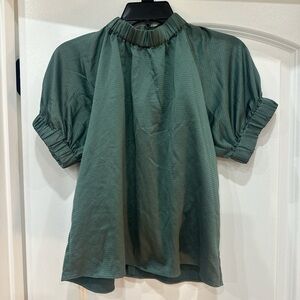 Elegang Ann Taylor Mock Neck Puff Sleeve Teal Satin Blouse